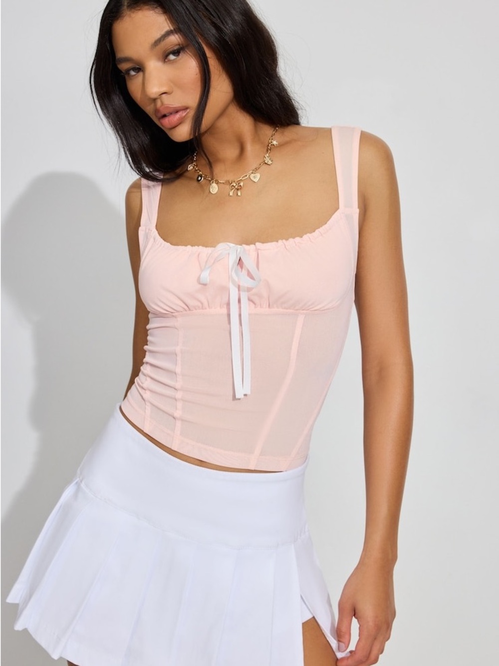 Garage Pale Pink Mesh Corset Tank Top with Tie NWT